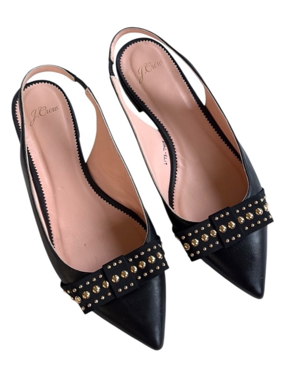 EUC J. Crew Leather Gwen Sling Back Gold Studded Bow Flats Black Size 8